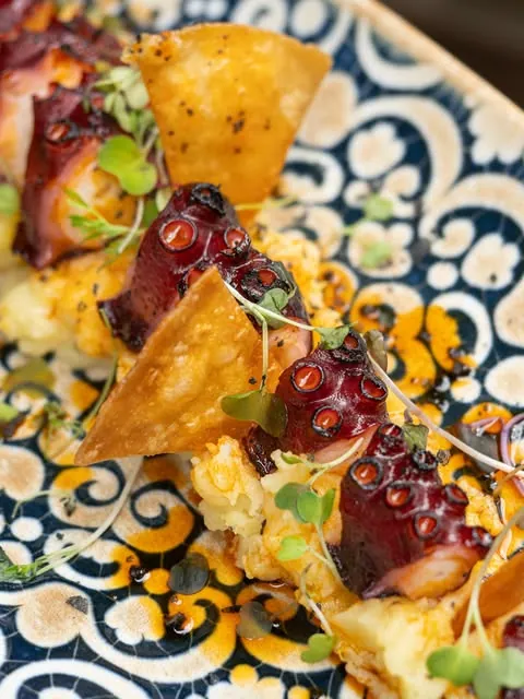 Pulpo emplatado con patata y brotes